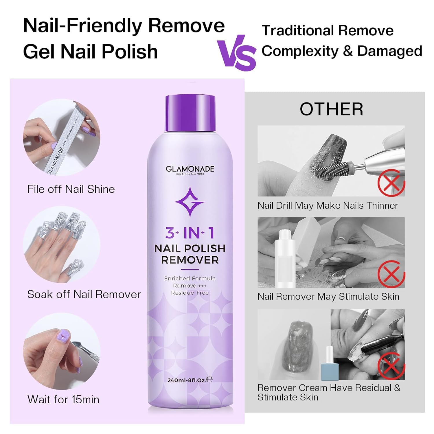 Acetone Nail Polish Remover: Professional Soak off Gel Nail Polish Remover Enriched with Natural Grape Seed Oil 8 Fl Oz for Gel Acrylic Nail Glue Dip Powder for Home Salon - Image 3