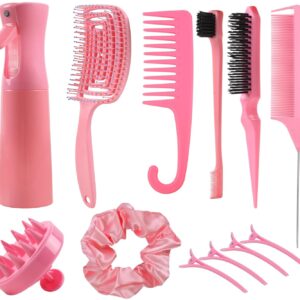 Hair Brush Set, 12 pcs Detangler Brush with Hair Spray Bottle, Scalp Massager for Wet Dry Curly Hair, Bristle Hair Brush Hair Comb for Women Girl (Pink, Purple)