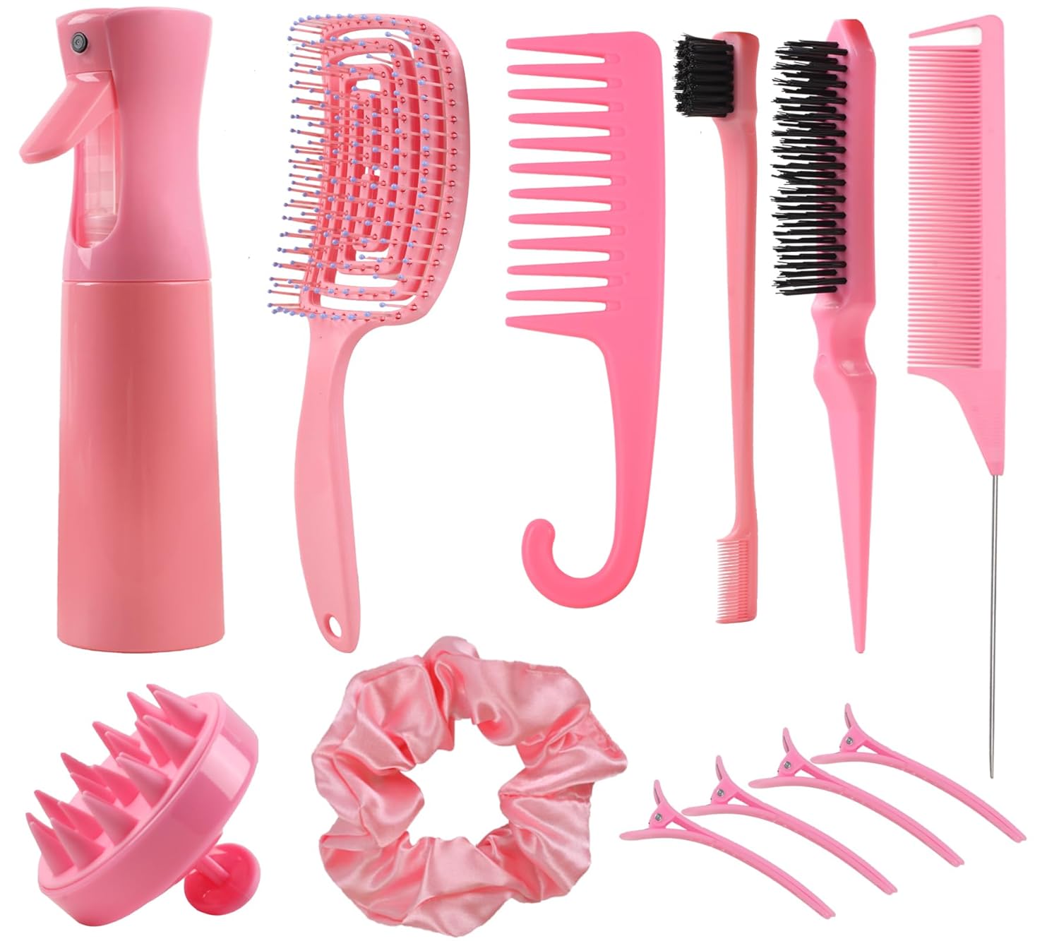 Hair Brush Set, 12 pcs Detangler Brush with Hair Spray Bottle, Scalp Massager for Wet Dry Curly Hair, Bristle Hair Brush Hair Comb for Women Girl (Pink, Purple)