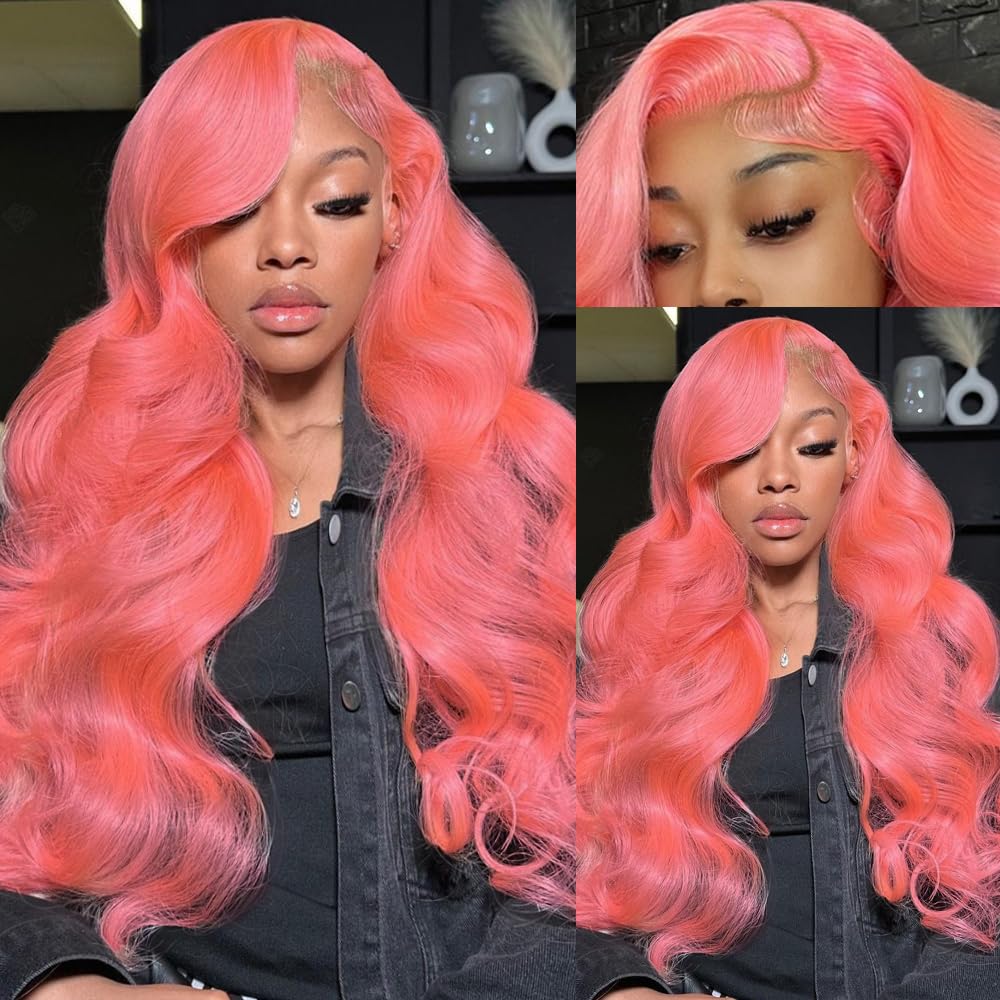 Pink Lace Front Wig Human Hair 13x4 HD Lace Front Wigs Human Hair Pre Plucked Body Wave Pink Human Hair Wig 200% Density Colored Frontal Wigs Human Hair 24 Inch