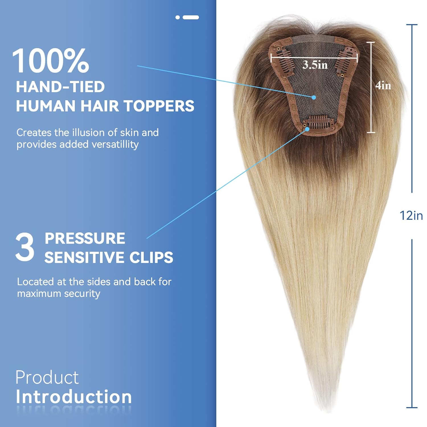 EMMOR Human Hair Topper For Women, 100% Remy Human Hair For Women With Thinning, Three Clips on Topper, 3.5inΓ4in Hand-Tied, 12 inch - Ombre Light Blonde - Image 4