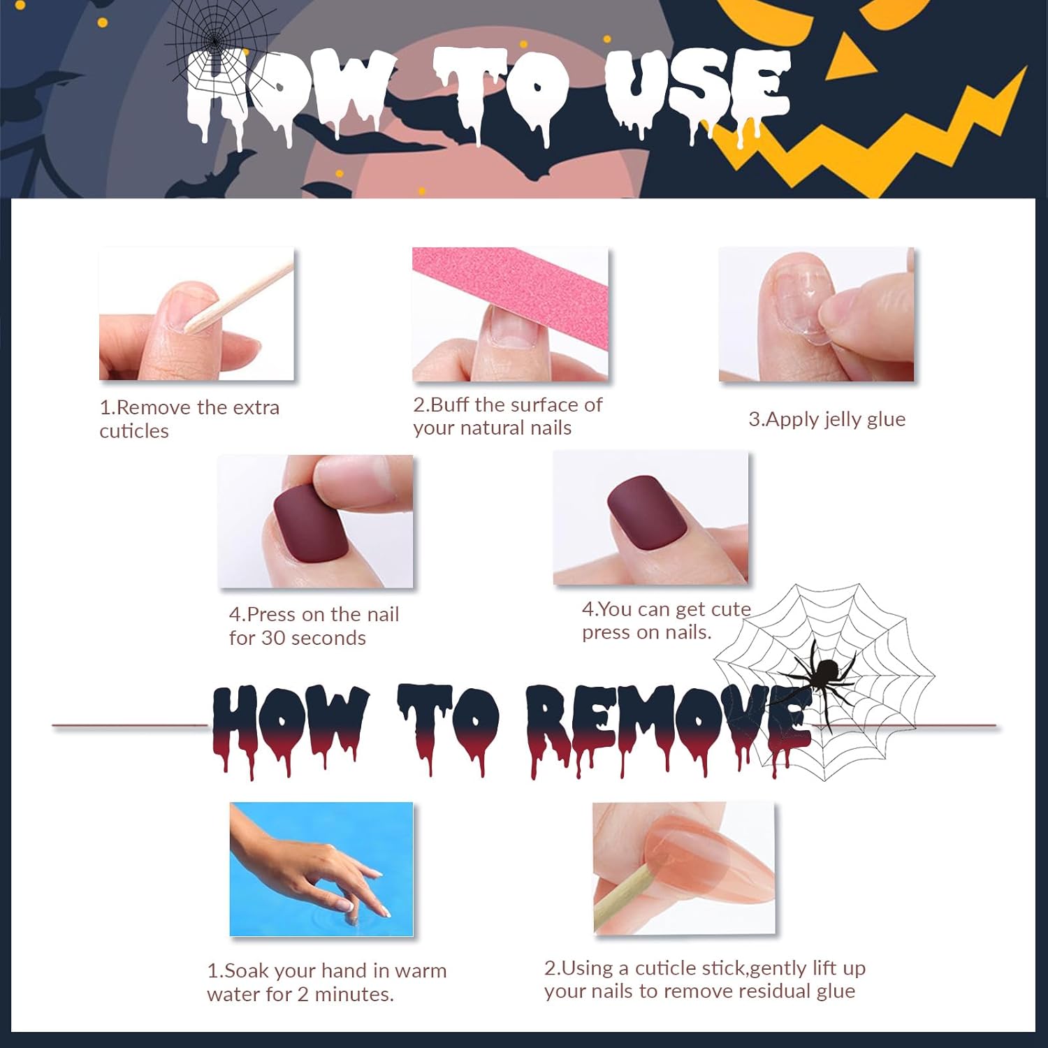 Halloween Press on Nails Long Coffin Fake Nails with Designs Cute Ghost False Nails Heart Flame Spider Skull Glue on Nails Full Cover Suqare Artificial Acrylic Stick on Nails for Women Girls 24 Pcs - Image 7