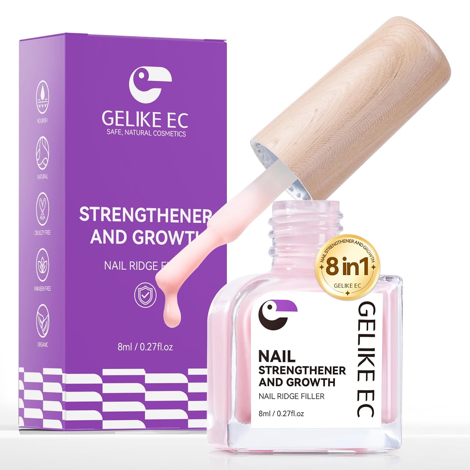Gelike EC Nail Hardener & Strengthener: Milky Pink Ridge Filler, Nail Repair for Damaged Nails, Growth Treatment for Thin Nails, Extra Strong Polish - Natural, Vegan, Cruelty Free for Daily Home Salon