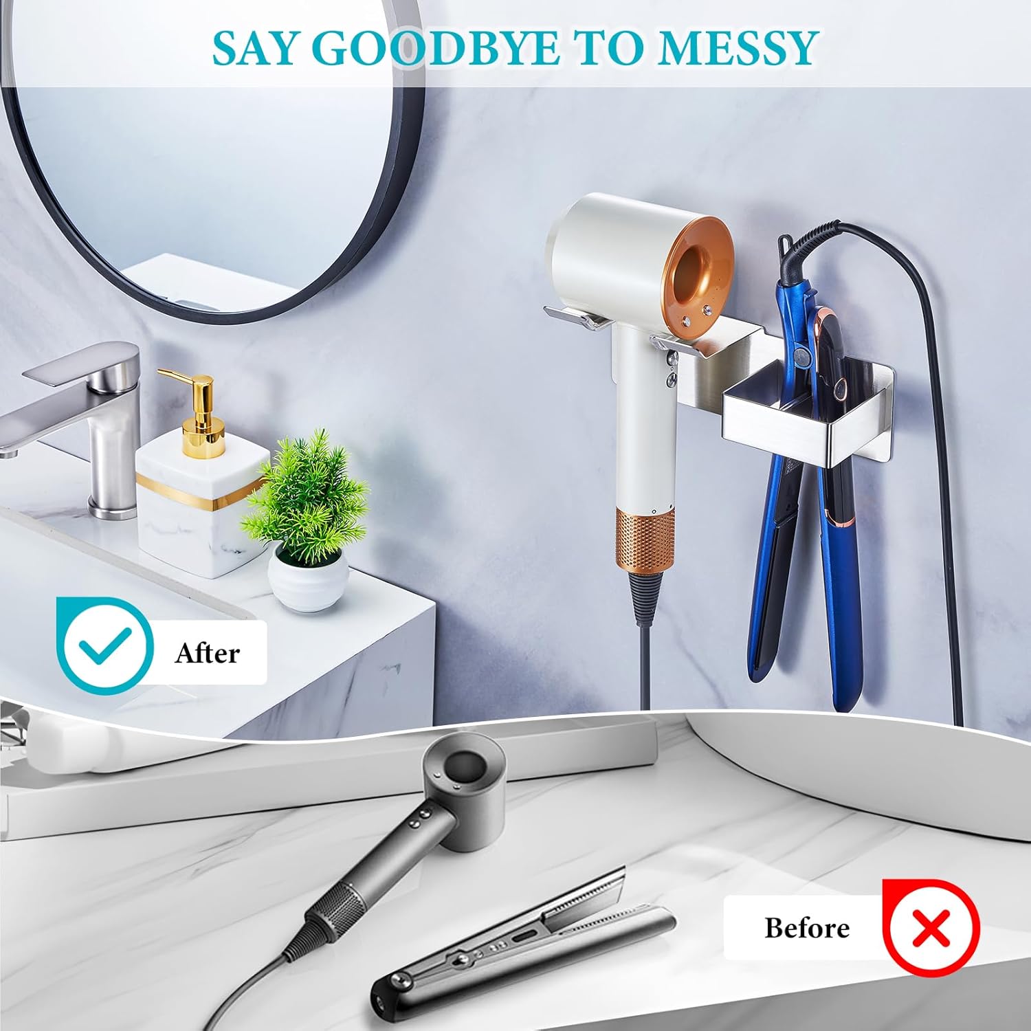 Stainless Steel Wall Mount Hair Dryer and Straightener Organizer for Bathroom Storage - Image 7