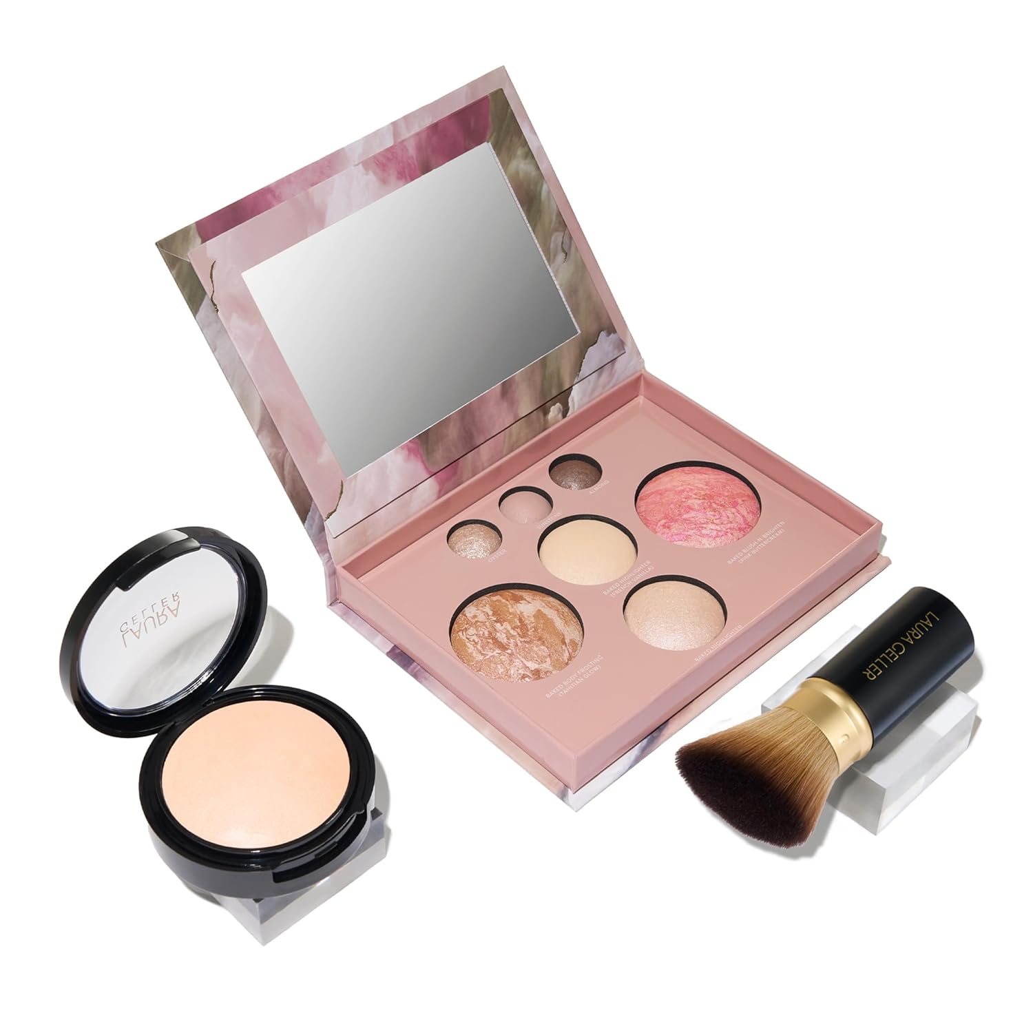 LAURA GELLER NEW YORK Baked Starter Kit - Full Coverage: Double Take Powder Foundation + Best of the Best Face Palette + Retractable Angled Kabuki Brush (01 Porcelain)