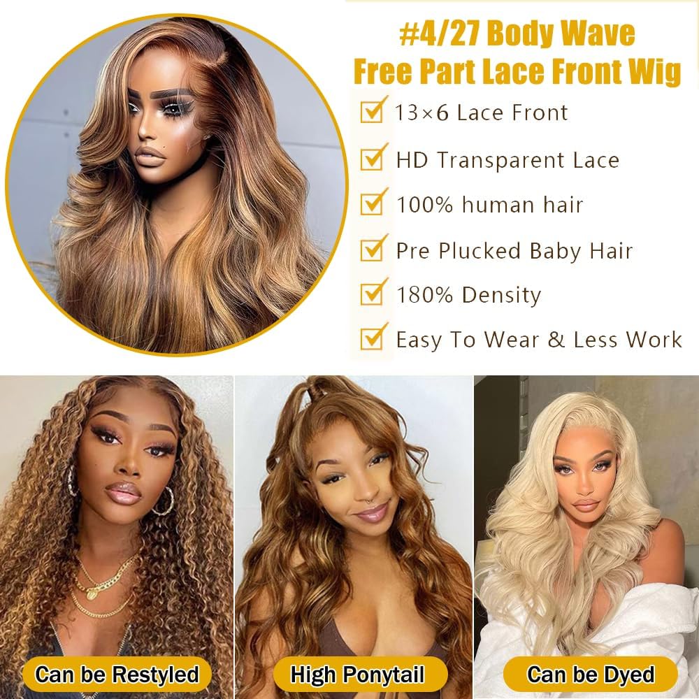 26 Inch Honey Blonde Lace Front Wig Human Hair Pre Plucked 13x6 HD Transparent 4/27 Highlight Ombre Body Wave Lace Front Wigs Human Hair 180% Density Glueless Colored Wigs for Women Natural Hairline - Image 4