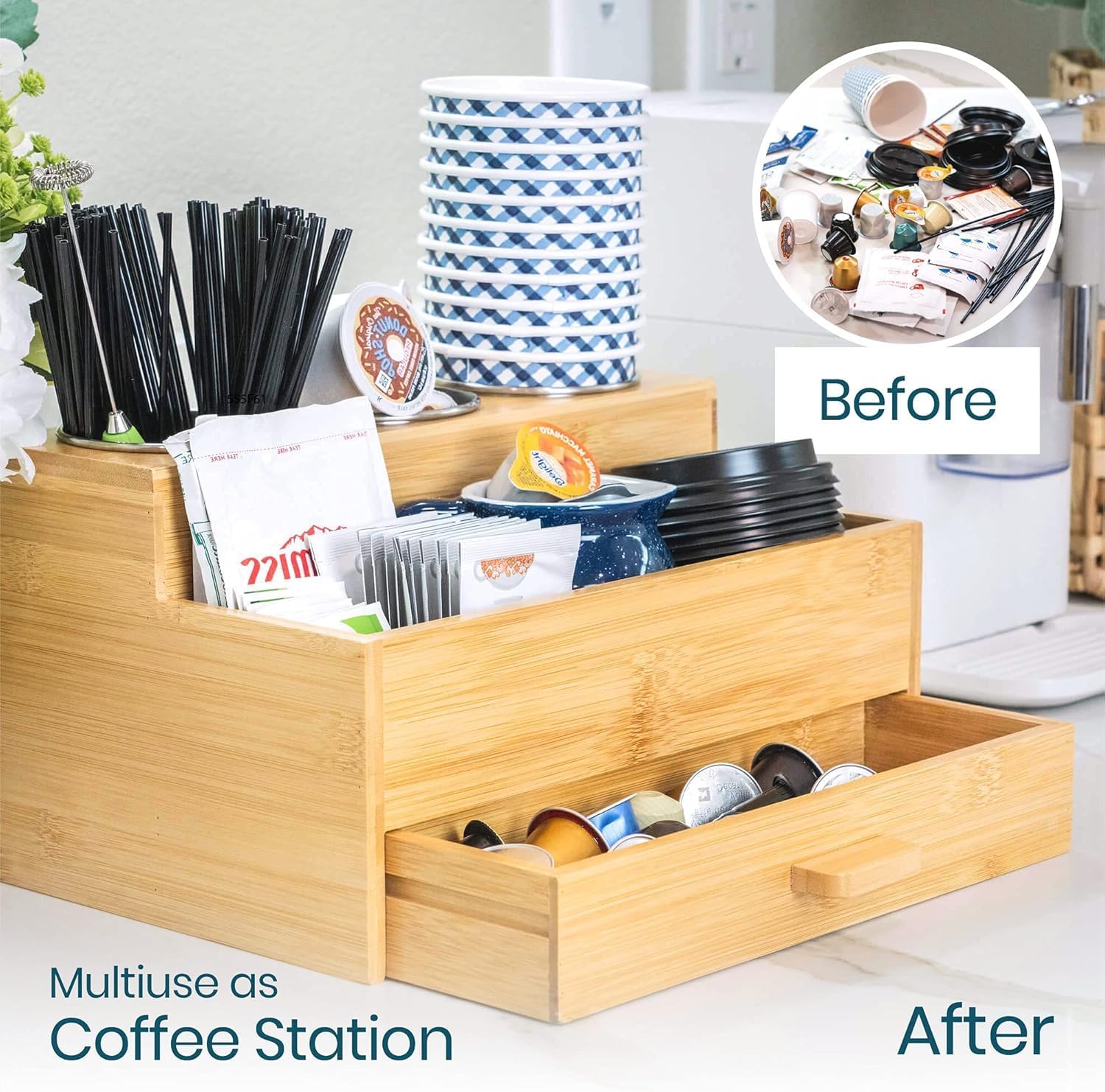 Hair Tool Storage Organizer, Bamboo Hair tool organizer for Bathroom, Kitchen and Makeup,Hair organizer storage Perfect for Storing Blow Dryer, Straightener and Brush - Image 4