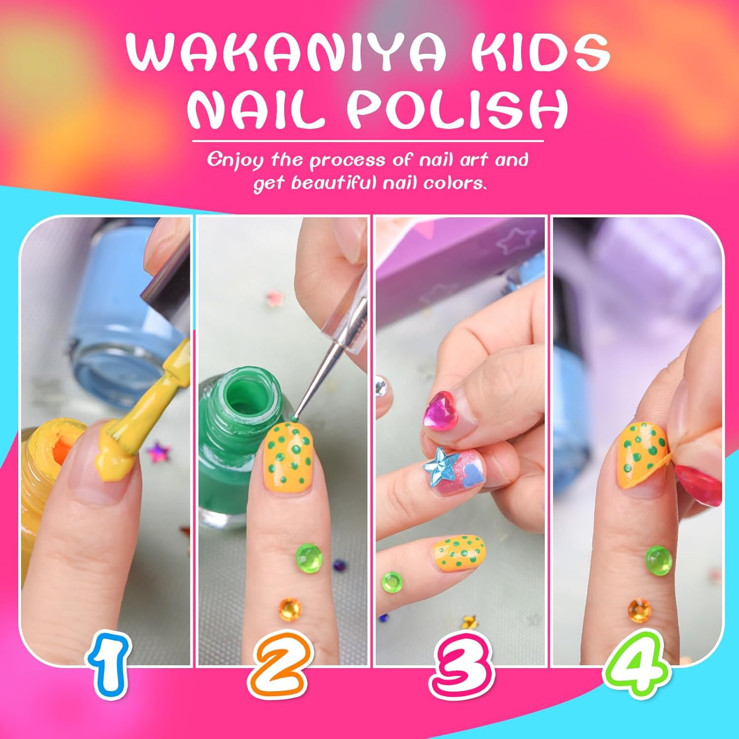 wakaniya Kids Nail Polish Non Toxic Quick Dry Peel-Off Mini Toddler Nail Polish Kit with Gems Stickers 8 Colors Girls Nail Set - Image 4