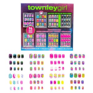 Townley Girl 96 Pcs Press-On Nails Including 3D and Glow-In-Dark Artificial False Nails Set for Tweens with Pre-Glue Full Cover Acrylic Nail Tip Kit, Great for Gifts, Parties, Sleepovers and Makeovers