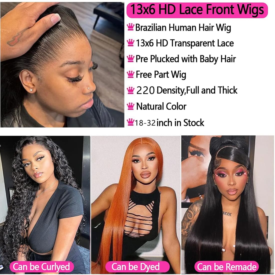 30 Inch 13x6 Straight Lace Front Wigs Human Hair Thin HD Glueless Pre Plucked Bleached Tiny Knots Full Lace Frontal Wig Upgraded 14A Soft Hair 200 Dentisty Black Wig - Image 5