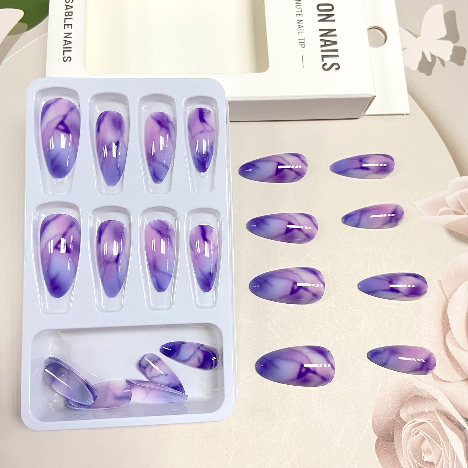 Purple Gradient Press on Nails Long Oval Fake Nails Glossy Almond Glue on Nails Reusable Acrylic Stick on Nails for Women DIY Manicure Decoration - Image 4