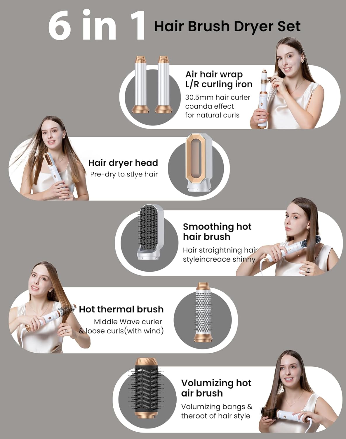 6 in 1 Hair Dryer Brush,Blow Dryer Brush Ionic Hair Dryer,Multi Hair Styler for Fast Drying Styling Curling Straightening Volumizing,Hair Curler Hair Straightener Styler Autowrap Air Styler - Image 2