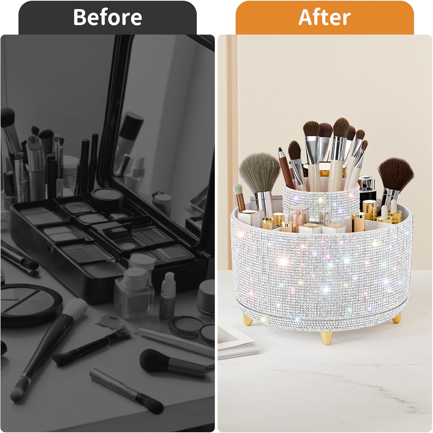 Bling Diamond Makeup Brush Holder, 360° Rotating Makeup Organizer, 5 Slot Make up Brushes Cup for Countertop, Storage for Cosmetics Pen Eyeliner Skincare on the Vanity (Diamond white) - Image 6