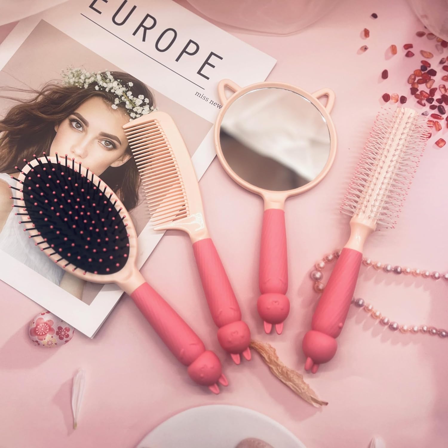 4 Pieces Hair Brush Hair Comb Set For Women Girls Gift Cute shaped Hair Comb Hair Brush Handheld Mirror Set Travel Detangling Comb Massage HairBrush with Air Cushion For Wet Dry Hair (Pink) - Image 3