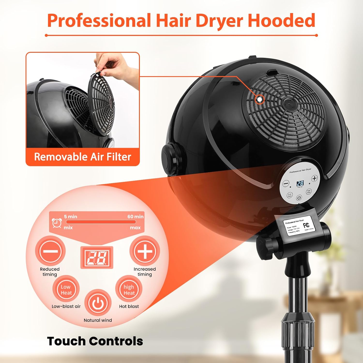 Hooded Hair Dryer, 1500W Standing Hair Dryer with Time Settings, Touch Controls, 3 Temperature Modes, Height Adjustable Ionic Hooded Dryer on Wheels, Sit Under Hair Dryer Bonnet for Home or Salon Use - Image 2
