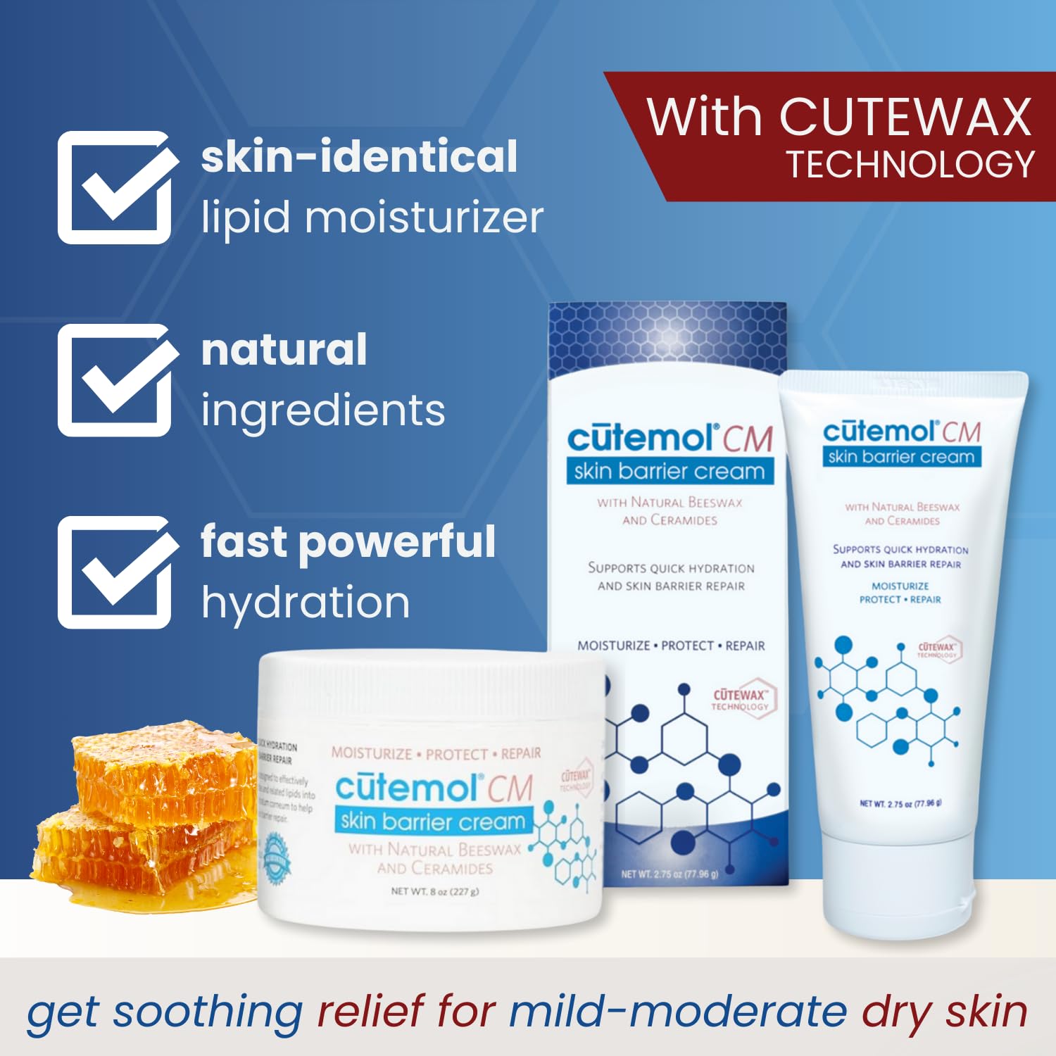 Cutemol CM Emollient Moisturizing Cream - For Severely Dry and Damaged Skin - Natural Beeswax Formulation containing Ceramides - Hydration for Cracked Hands and Feet, Eczema, Psoriasis (8 oz) - Image 2