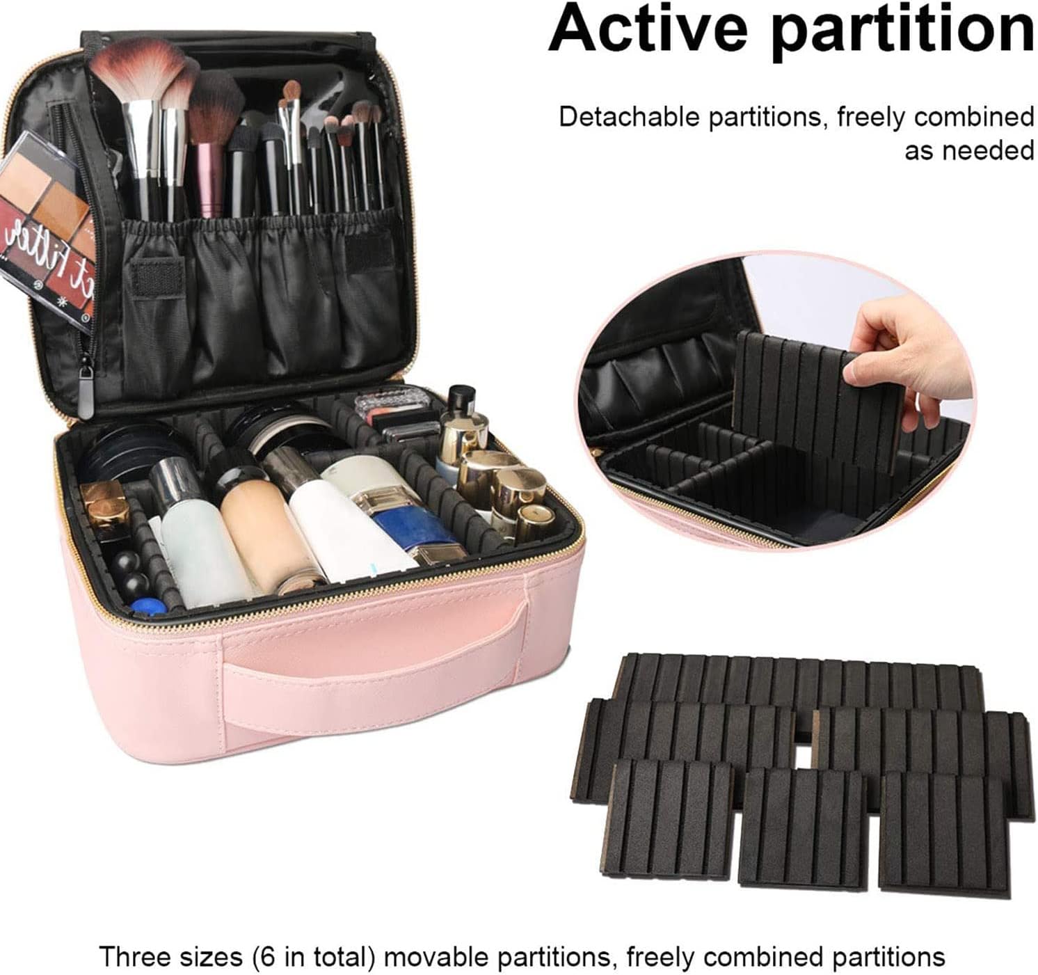 Travel Makeup Case, PU Leather Portable Organizer Makeup Train Case Makeup Bag Cosmetic Case with Adjustable Dividers for Cosmetics Makeup Brushes Women (Pink) - Image 4