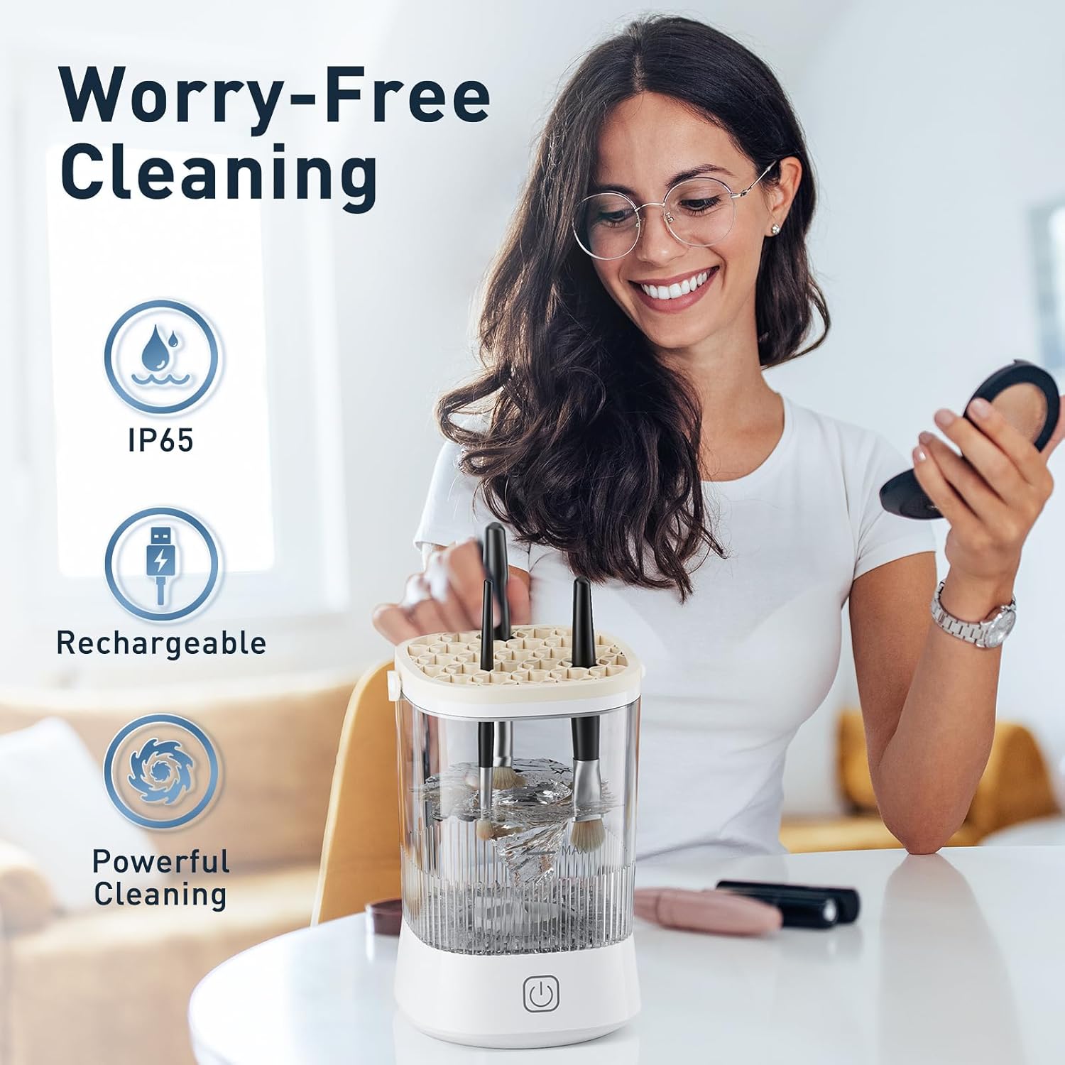 Electric Makeup Brush Cleaner - 9000 RPM Makeup Brush Cleaning Machine, IP65 Waterproof Automatic Makeup Brush Cleaner for Makeup Sponges and Brushes(White) - Image 7