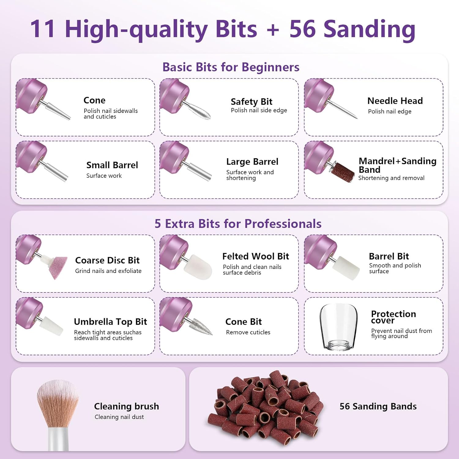 Cordless Nail Drill Electric Nail File Kit Rechargeable Professional Efile Nail Set, Portable Acrylic Gel Nail Polish Remover Machine Pedicure Manicure Tool, 11 Bits 56 Sanding Bands Salon Home - Image 9