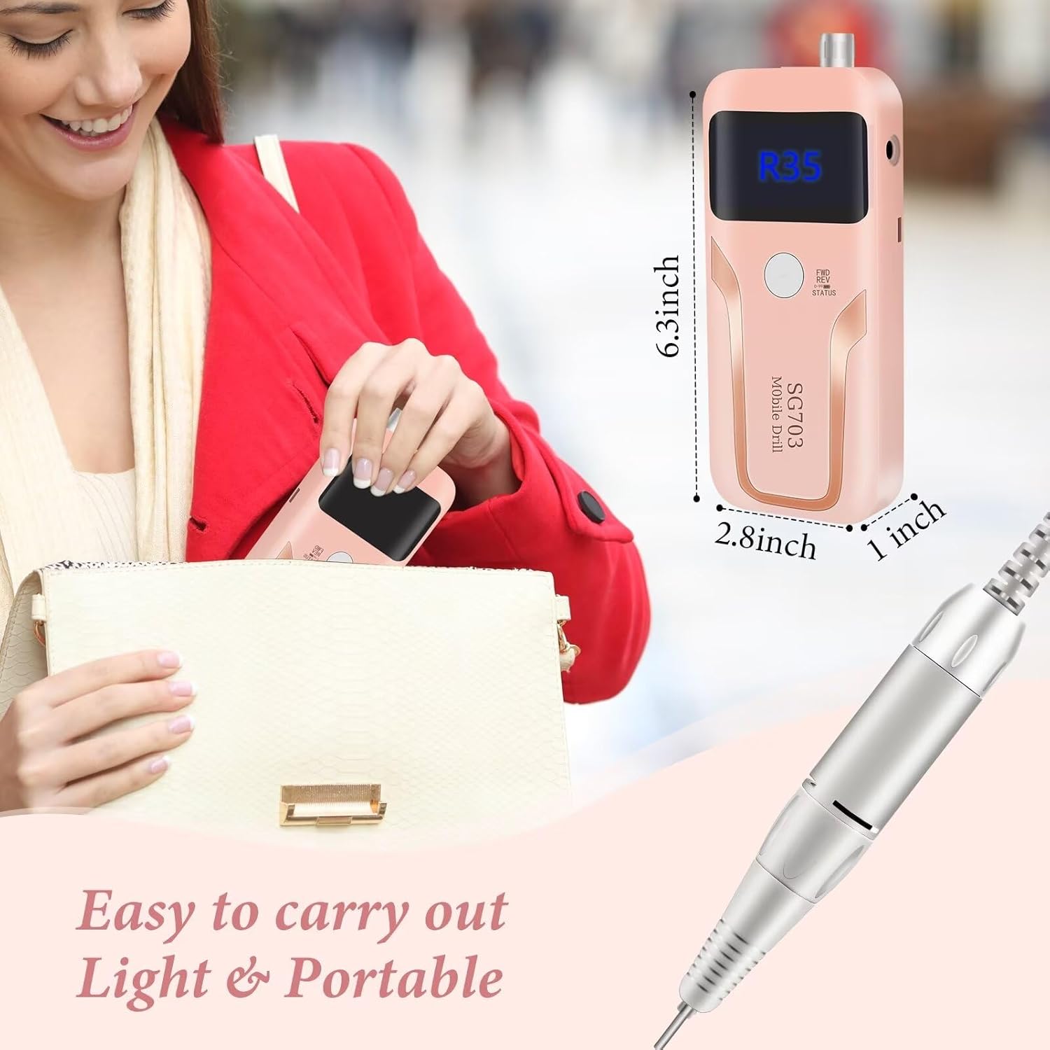 Electric Nail Drill, DELIFO Portable Nail Drill Professional PedicureRechargeable 35000 RPM Nail File Machine Acrylic Nails Polishing Tools with Bits LED Display for Home Salon Manicure - Image 4