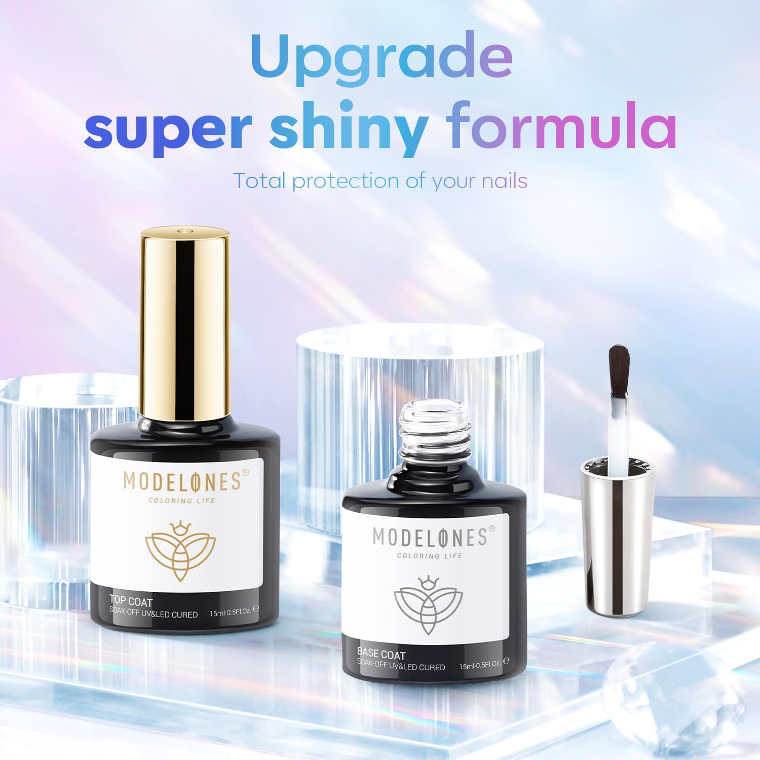 modelones Gel Top Coat, 15 ml 2025 Upgrade Super Shiny Base and Top Coat Set, Soak Off Nail Lamp Acid Free No Wipe Clear Base Top Gel Nail Polish - Image 2