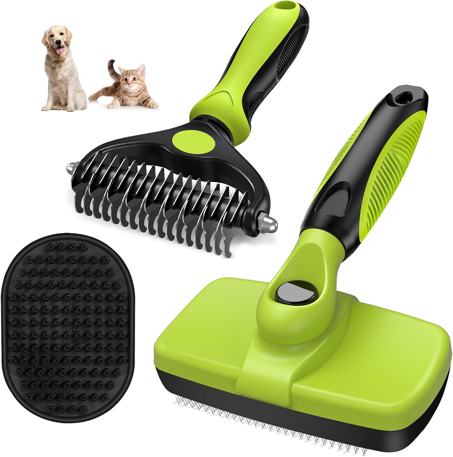 3PCS Dog Grooming Kit - Deshedding Brush, Slicker Brush, Bath Brush and Comb for Pet Supplies (Green Black)