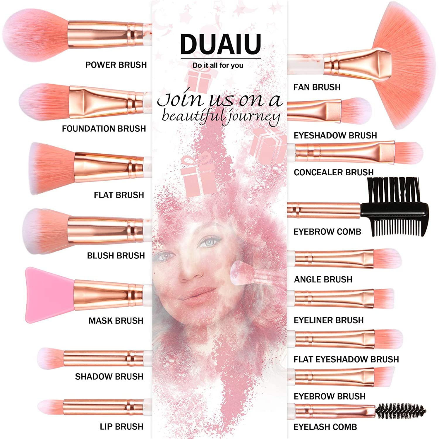 DUAIU Professional Makeup Brushes Set 16PCS Marble Handle with 4PCs Sponge Blenders Foundation Brushes Eyeshadow Brush Lip Brush Silicone Face Mask Brush Make Up Tool - Image 4