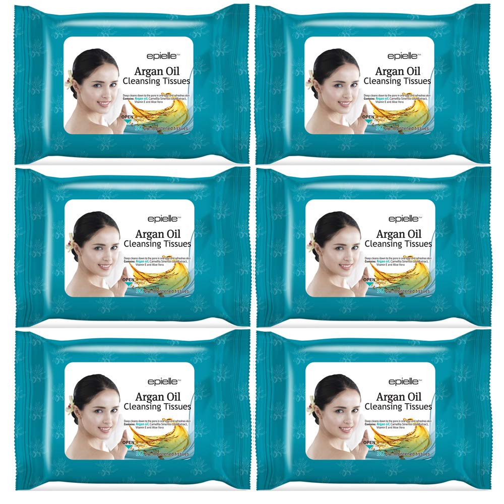 Epielle Argan Oil Makeup Remover Cleansing Wipes Tissue | Gentle for all Skin Types | Daily Facial Cleansing Towelettes | Removes Dirt, Oil, Makeup (Pack of 6)