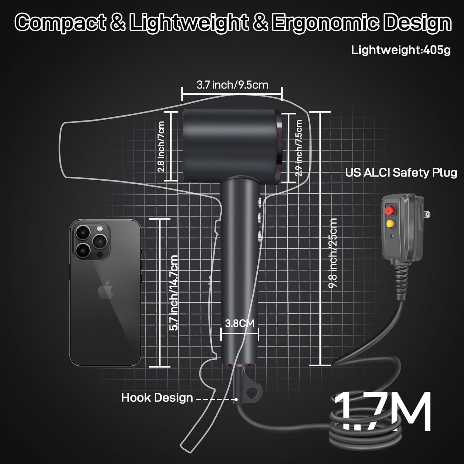 CIICII Negative Ionic Hair Dryer Professional, 120000RPM High Speed Blow Dryer (1600W Brushless/ 3-Speed/ 4-Temp & HD Display & Portable Bag) Fast Drying Hairdryer for Home, Travel & Salon (Black) - Image 7