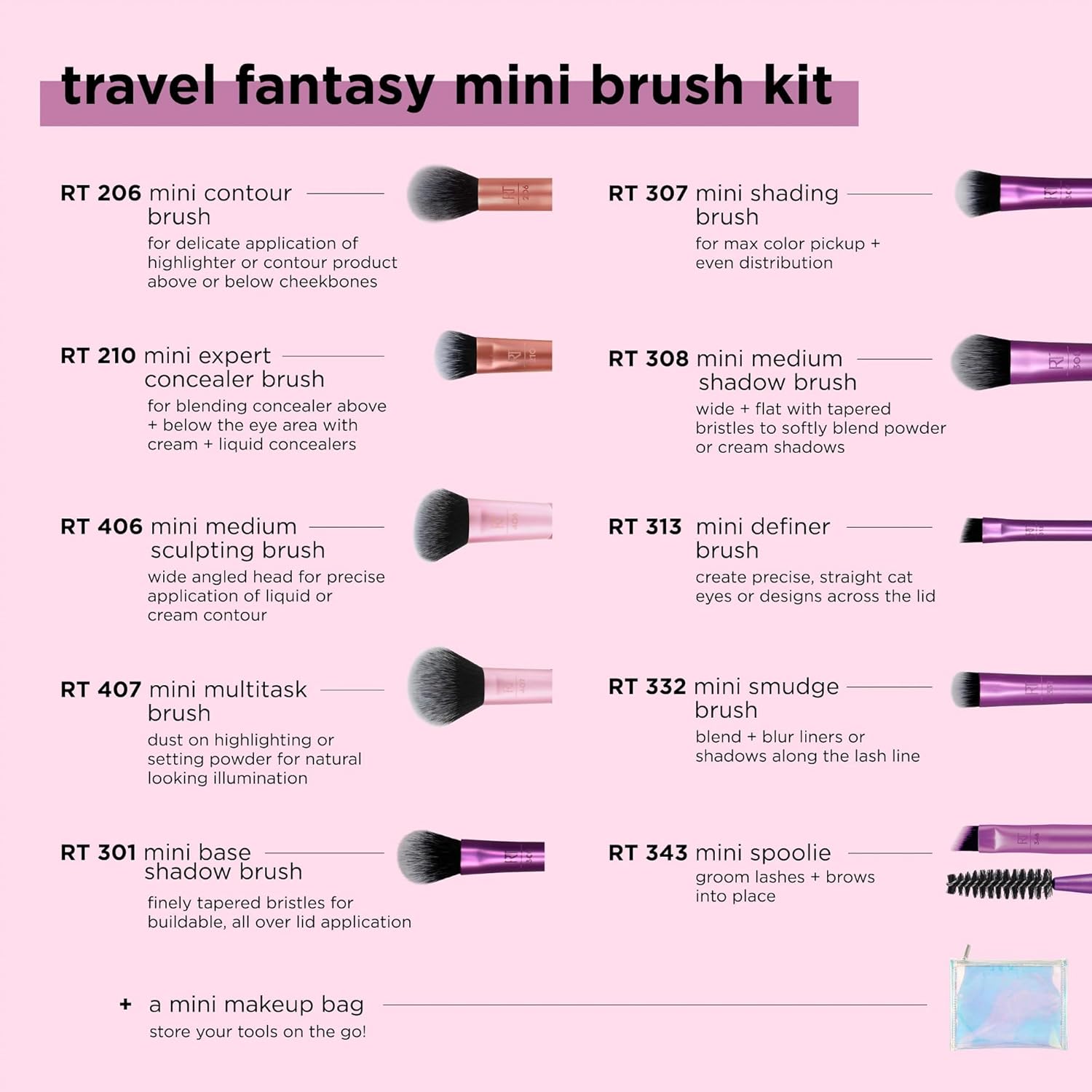 Real Techniques 11 Piece Travel Fantasy Mini Brush Set, Travel Size Makeup Brushes For Foundation Eyeshadow, Powder, Blush, Contour, & Concealer, Makeup Bag Included, Gift Set, Cruelty-Free - Image 3