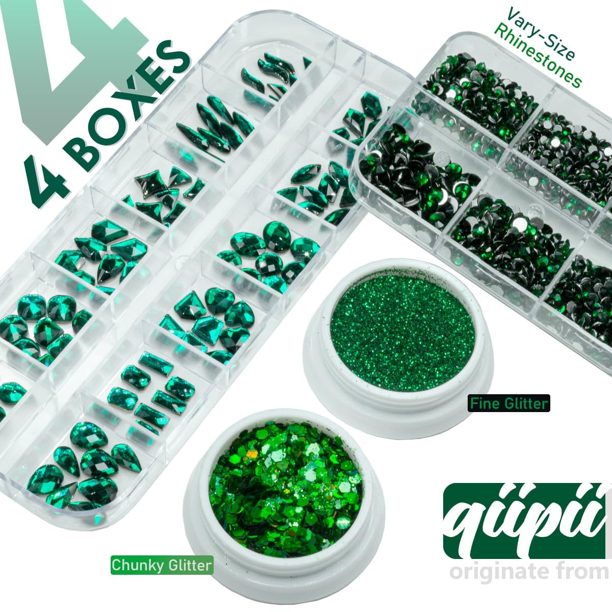 4 Boxes Emerald Green Rhinestones Glitters 24 Shapes K9 Glass Gems Stones Flatback Round Diamonds Crystals Nail Art Charms Supplies for Nails Faces Eyes Makeup Body DIY Crafts Tumblers Bottles - Image 2