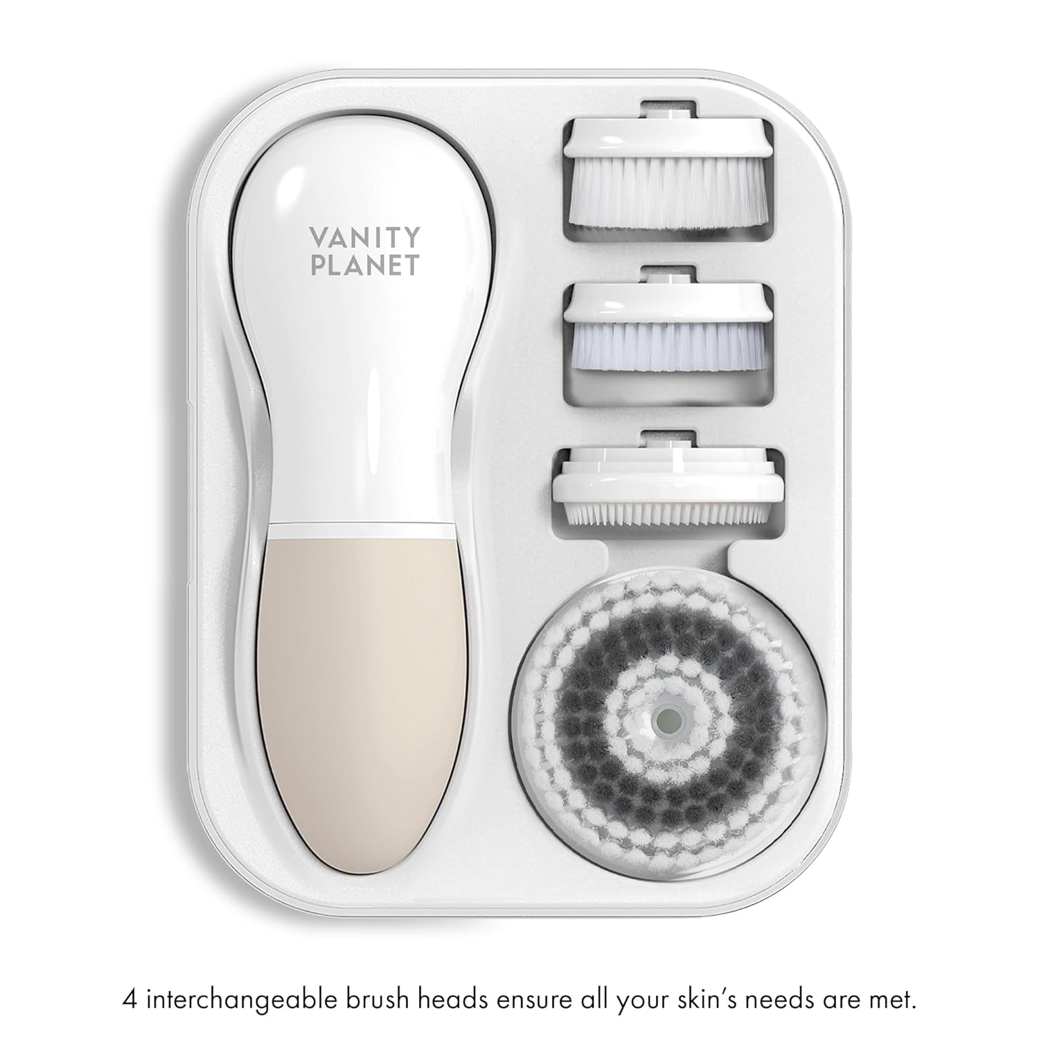 Raedia Handheld Facial Cleansing Brush with 4 Interchangeable Brush Heads by Vanity Planet - Lightweight Daily Cleansing Brush for Glowing Skin - Water Resistant Face Exfoliator - Warm Grey - Image 3