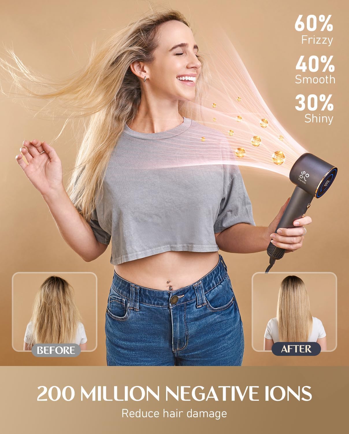 FanttikSolo SonicDry H10 APEX High-Speed Hair Dryer, 56dB Low-Noise, 0.74lb Ultra-Light Blow Dryer, 80% Faster Drying with 110,000 RPM Brushless Motor, Ionic Tech for Home, Travel, Salon - Gray - Image 5