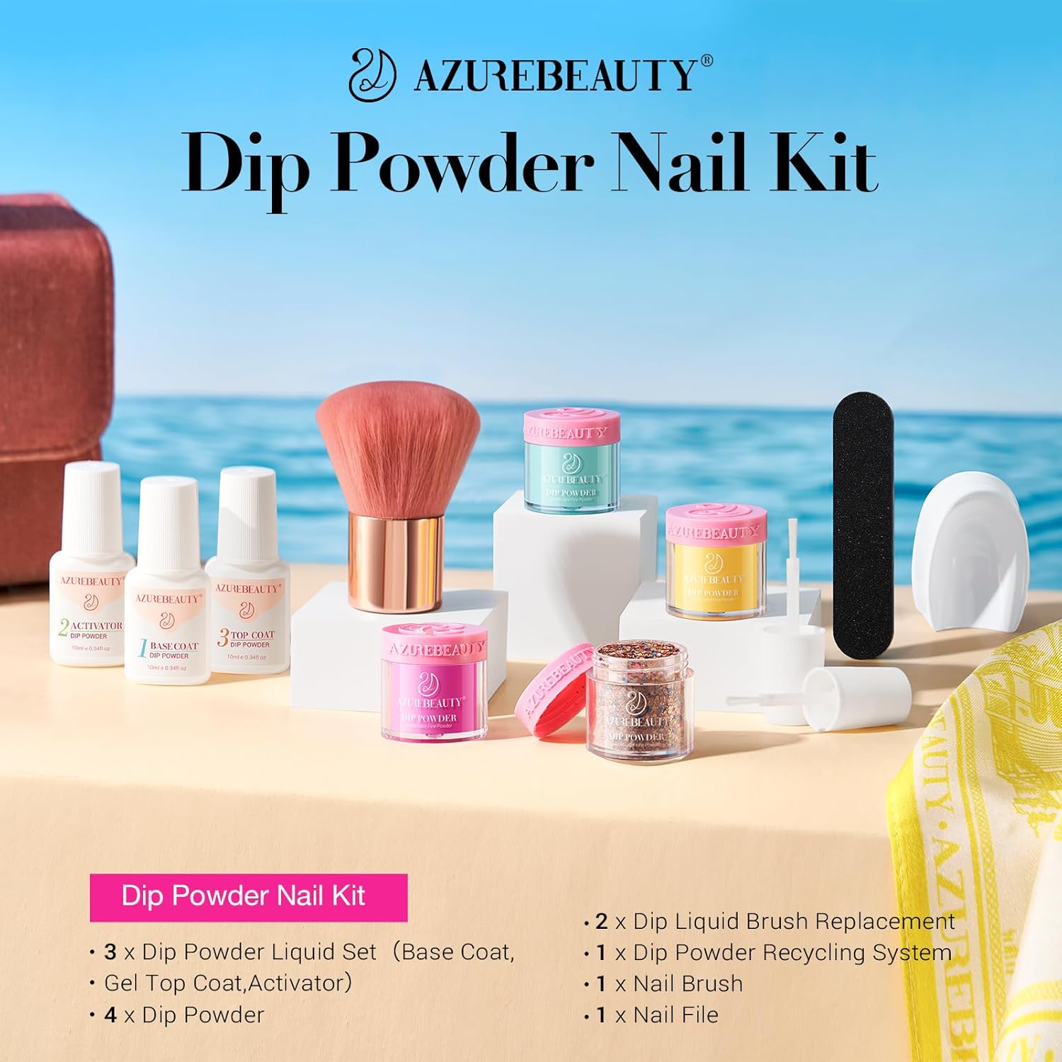 AZUREBEAUTY Dip Powder Nail Kit Starter, 4 Colors Pink Yellow Blue Glitter Dipping Powder Liquid Set Recycling Tray with Base & Top Coat Activator for French Fingernail Art Manicure Salon DIY at Home - Image 7