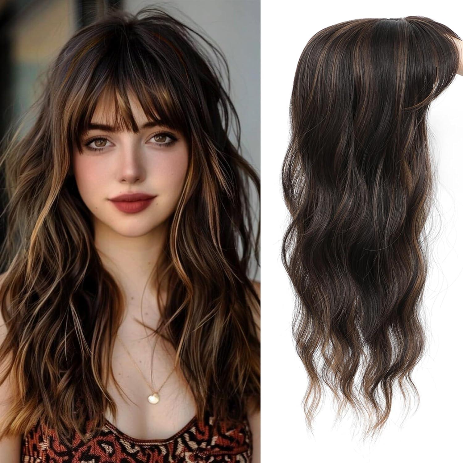 Hair Toppers for Women, 20 Inch Long Curly Wavy Hair Topper 360° 3D French Clip in Bangs (Dark Brown Mixed Chestnut, French Bangs)