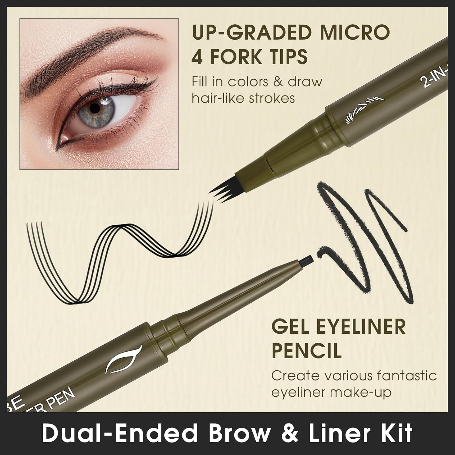 UCANBE Eyebrow Pencils for Women with Spoolie Brush, Dual-Ended Eyebrow Pen with 4-Fork-Tip & Gel Eyeliner, Microblading Brow Pen with Eyeliner Pencil + Brow Brush for Hair Like Brows, Soft Black - Image 3
