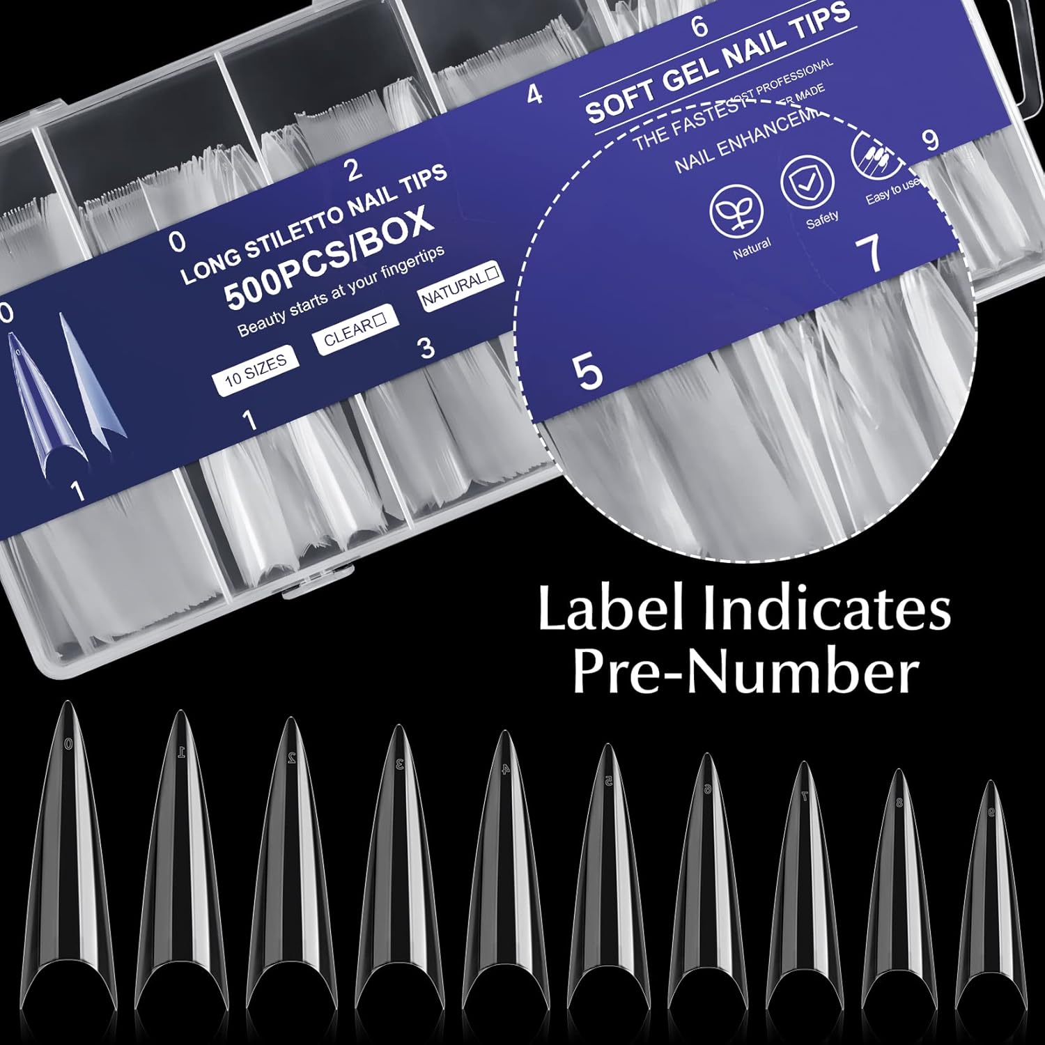krofaue Extra Long Stiletto Nail Tips - 500PCS False Clear Nais with 10 Sizes Half Cover Pointed Press On Artificial Acrylic for Salon DIY, XL - Image 3