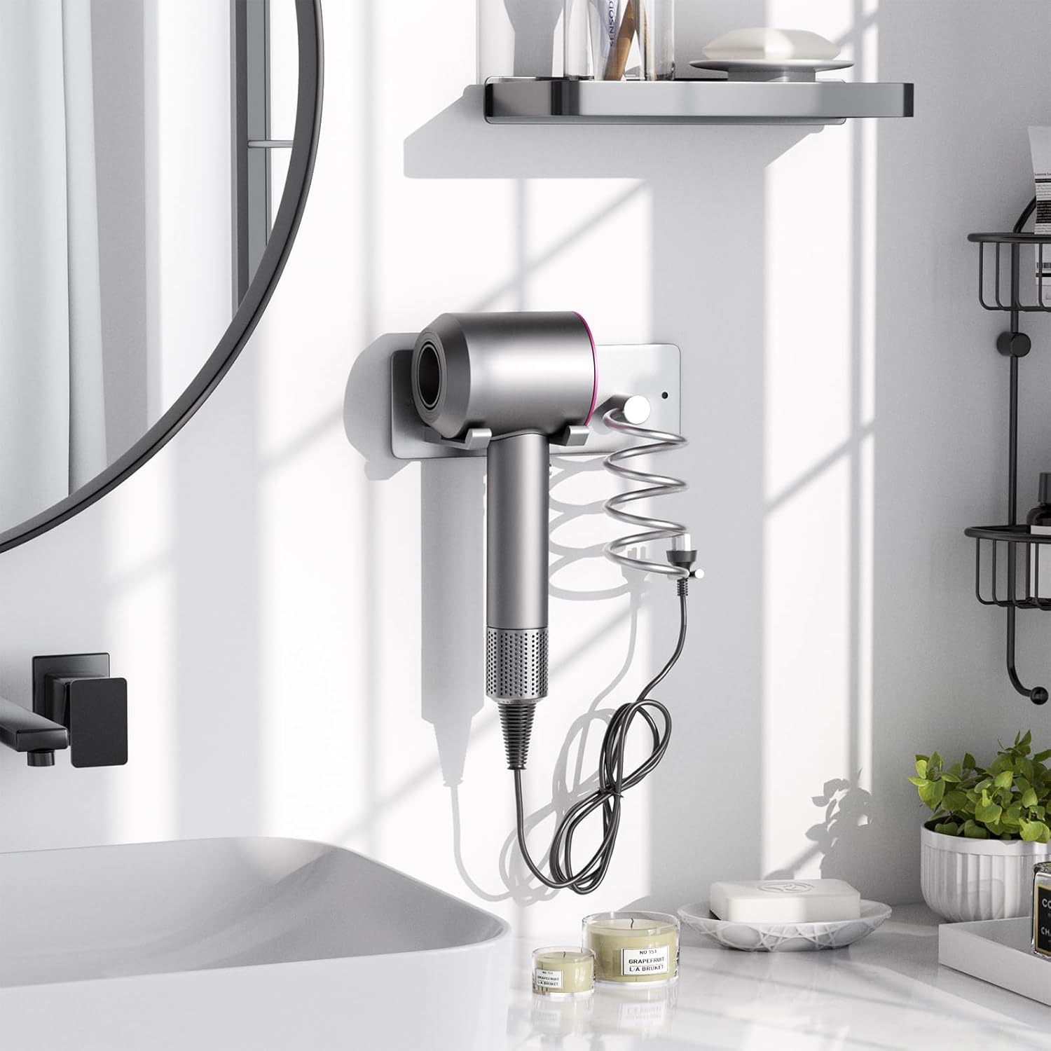 Tindbea Hair Dryer Holder + Curling Iron Holder,Blow Dryer Holder Wall Mount, Bathroom Hair Tool Organizer Rack for Universal Dryer Brushed Nickel - Image 2