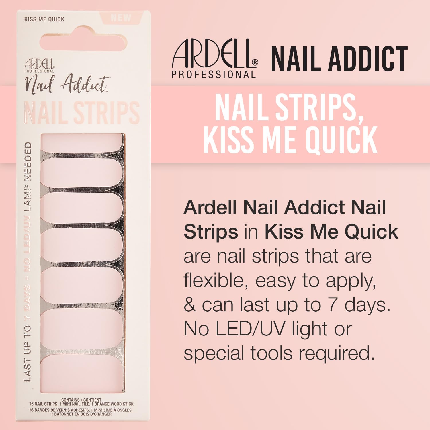 Ardell Nail Addict Nail Strips, Kiss Me Quick Nail Wraps, No LED Lamp Needed, Long-Lasting Gel Nail Stickers, 16 Strips with Mini Nail File & Wood Stick - Image 3