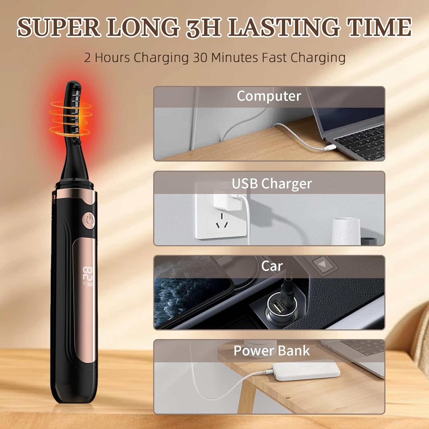 2025 Heated Eyelash Curler-USB Rechargeable Electric Eyelash Curler- Eyelash Curlers Heated 3 Temperature Modes Fast Heat Up Within 3s - 24 Hours Long Lasting- with Led Display for Women Girls (Black) - Image 7