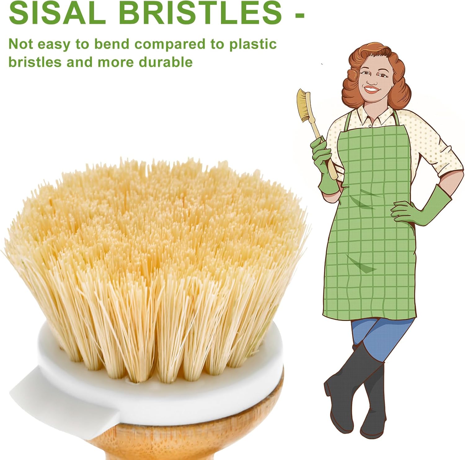 SUBEKYU Bamboo Dish Brush, Kitchen Dish Scrubber Brush with Soap Dispenser, Natural Wooden Dishwashing Brush for Cleaning Dishes/Pans/Pots, Built-in Scraper, Sisal Bristles,1 Set - Image 2