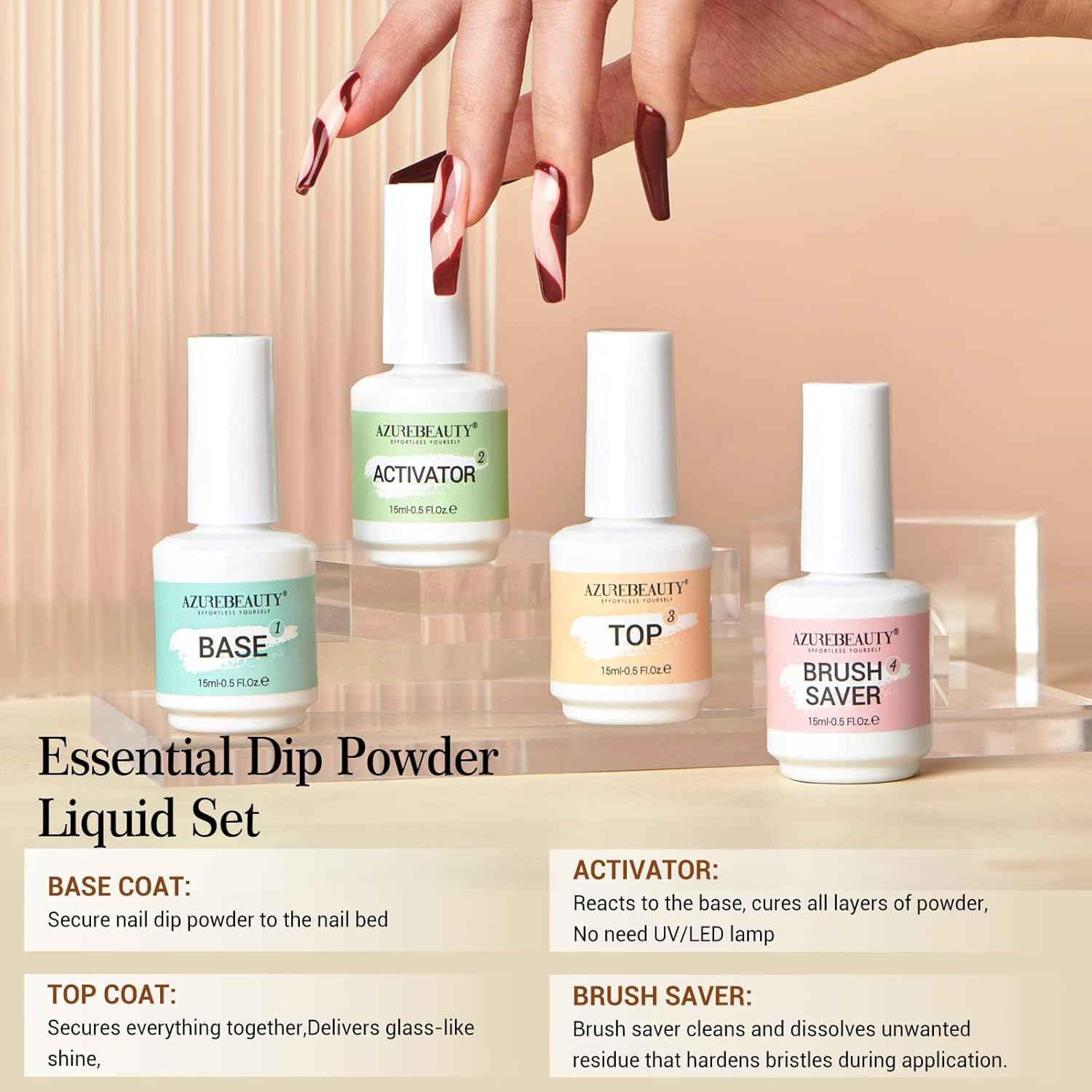 AZUREBEAUTY Dip Powder Liquid Set 15ml/0.5oz 8 Pcs Dipping Base Activator and Top Coat Brush Saver Nail File Necessary Tools for Dip Kit No Lamp Needed - Image 4