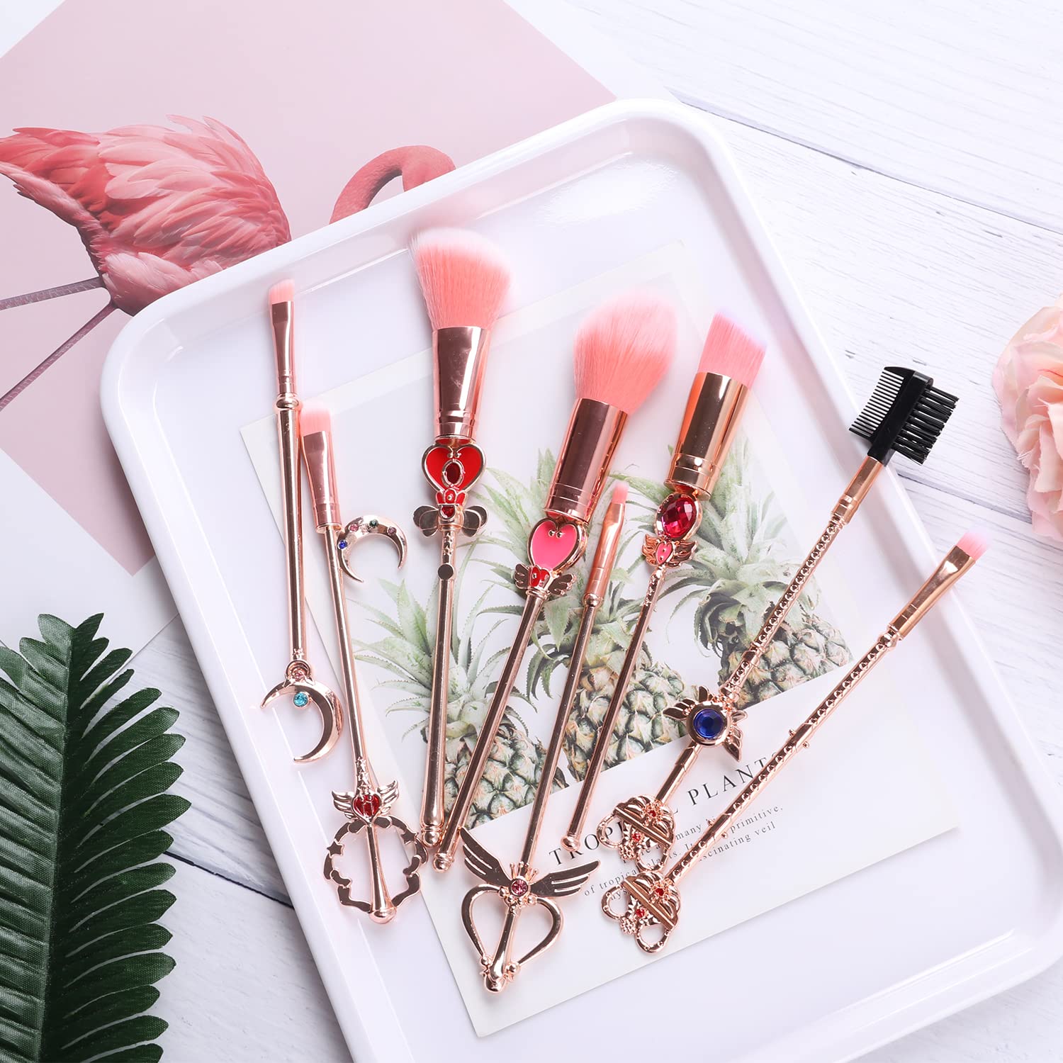 Makeup Brushed Set 8PCs Sailor Moon Magical Girl Golden Cosmetic Brush Tool Pink Eyeshadow Brushes Eyeliner Eyebrow Essential Cosmetic Brush Kits - Image 3
