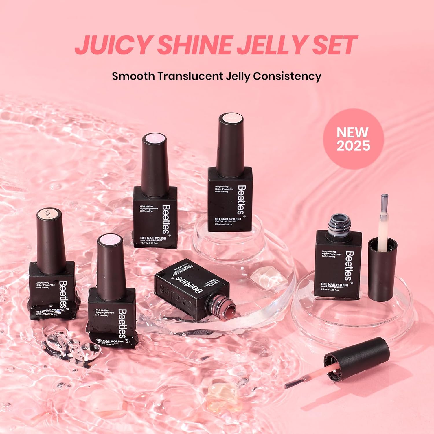 Beetles Jelly Gel Nail Polish Set - 6 Colors Nude Pink Gel Polish Kit Neutral Shimmer Translucent Sheer Gel Soak off Uv Nail Concealer Peach Juice Collection French Nail Art Manicure Gift for Women - Image 7