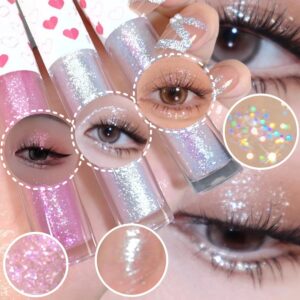 Liquid Glitter Eyeshadow - White, Shimmer Highlighter & Long Lasting Liquid Eyeliner - Quick Drying, Pigmented Glitter Glue - 3Pcs Korean Makeup