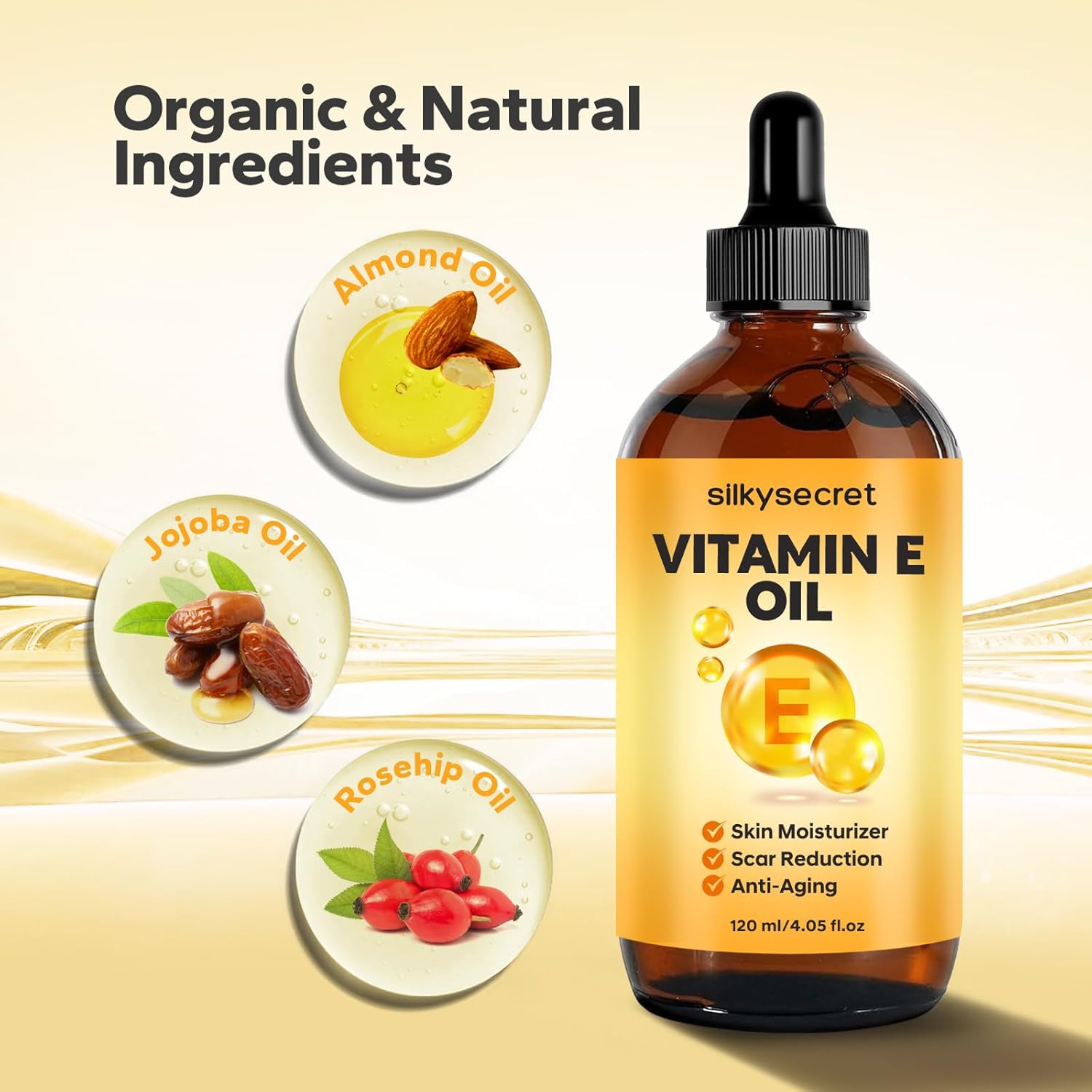 Organic Vitamin E Oil (4.05 Fl Oz), 50,000 IU Face and Body Moisturizer with Almond, Jojoba, and Rosehip Oils, Skincare & Face Moisturizer for Healthy Radiant Skin - Image 2