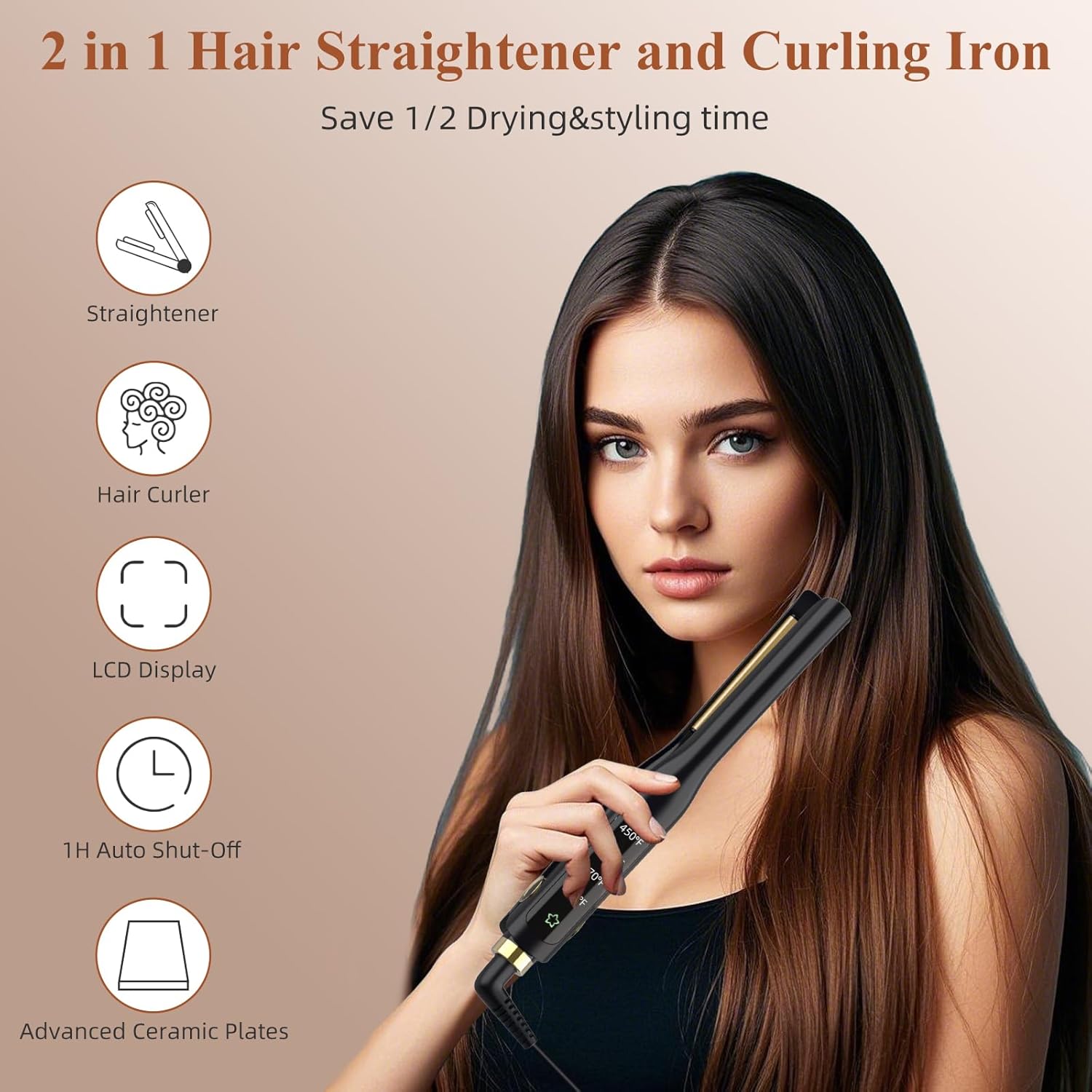 Flat Iron, 1/2 Inch Flat Iron for Short Hair Straightener and Curler 2 in 1, Dual Voltage, Ceramic Ionic Floating Plates for Less Frizz, 10s Quick Heat Up(Black) - Image 2