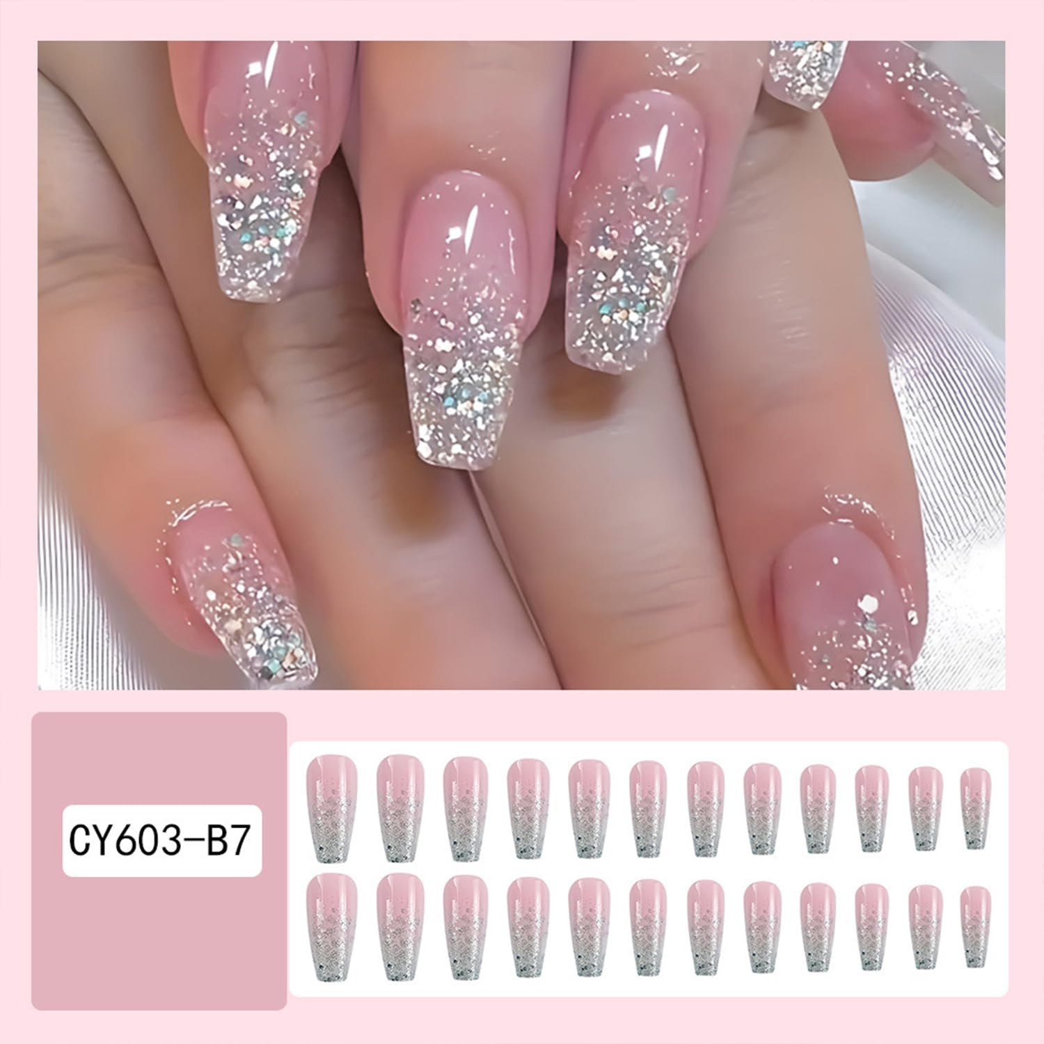 Glitter Press on Nails Coffin Long Pink False Nails With Designs Full Cover Reusable Acrylic Ballerina Artificial Glue on Nails for Women 24Pcs - Image 2