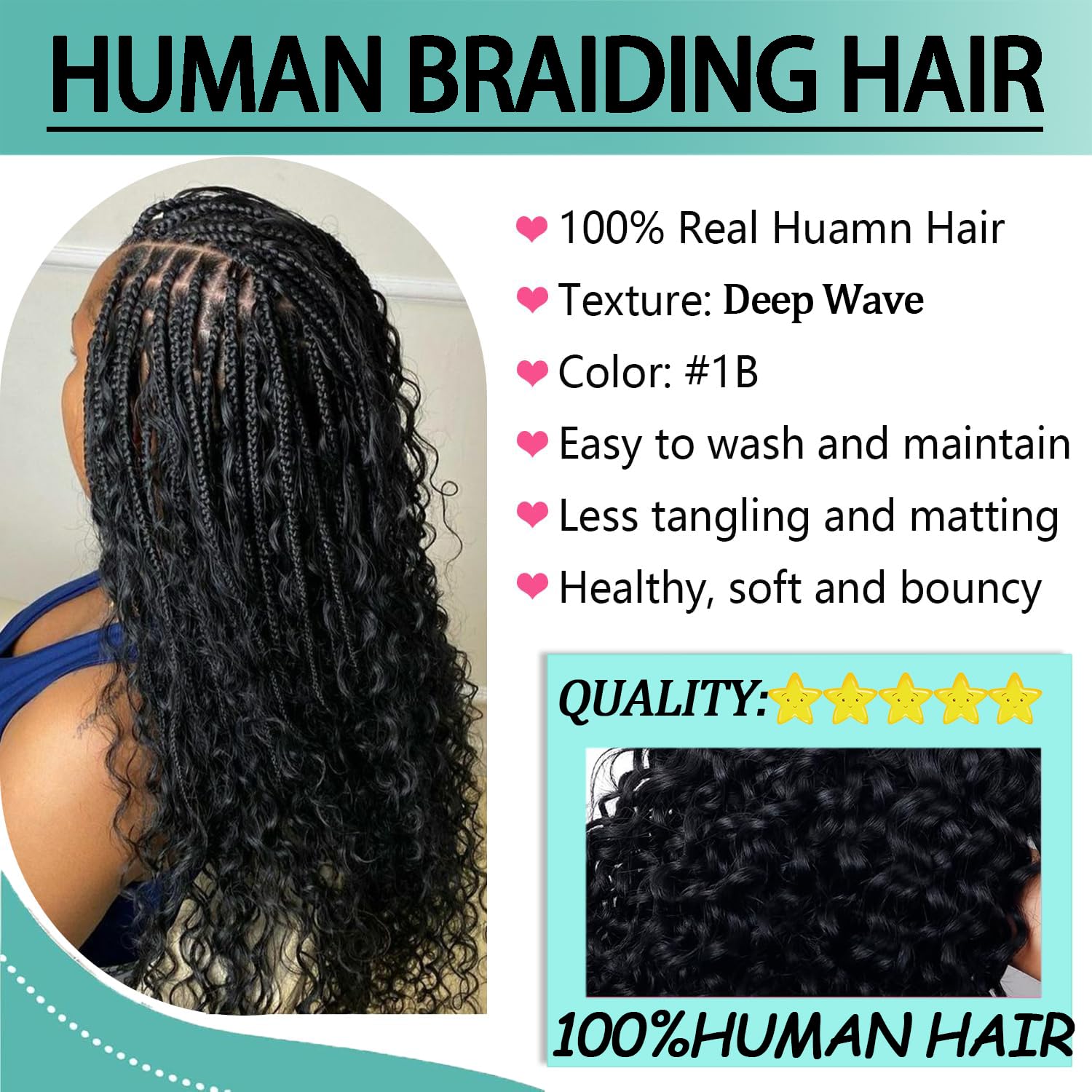 Human Braiding Hair for Boho Braids 12A Deep Water Wave Braiding Hair 100% Human Hair Unprocessed Brazilian Virgin Hair for 2 Bundles/Pack 100g Micro Braiding No Weft (1B-Natural Black-Deep, 16Inch) - Image 3