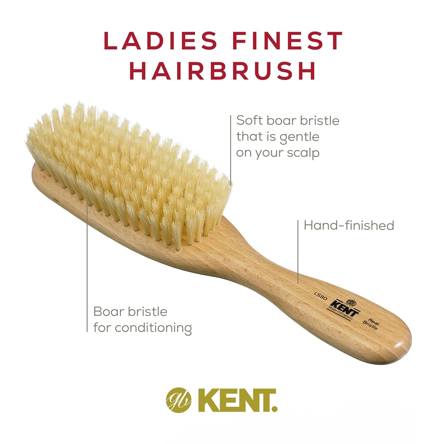 Kent LS9D Satinwood Hair Brush – Boar Bristle Brush for Thin Hair. Luxury Styling, Straightening, and Smoothing. Ideal for Women. - Image 3